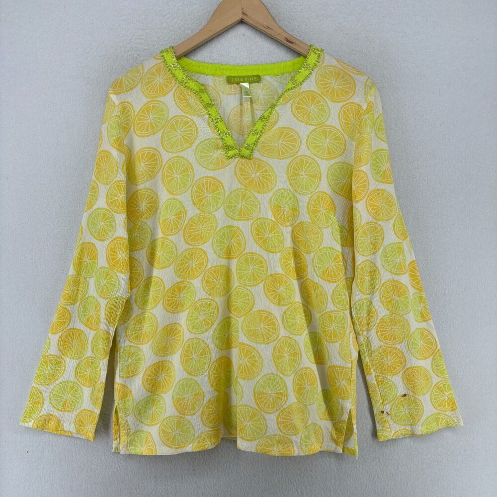 Sigrid Olsen Top S Lemon Print Crinkle Gauze V-Ne… - image 1